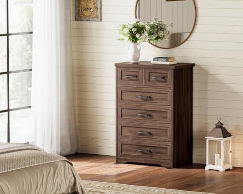 AODK Farmhouse Tall 6 Drawer Dresser for Bedroom, 5-Tier Vertical Storage Chest with Mixed Drawers, Engineered Wood Frame with Anti-Tip Safety, American Country Furniture, Walnut - color: Walnut, size: 15.7"D x 26"W x 38.2"H (6 Drawers)