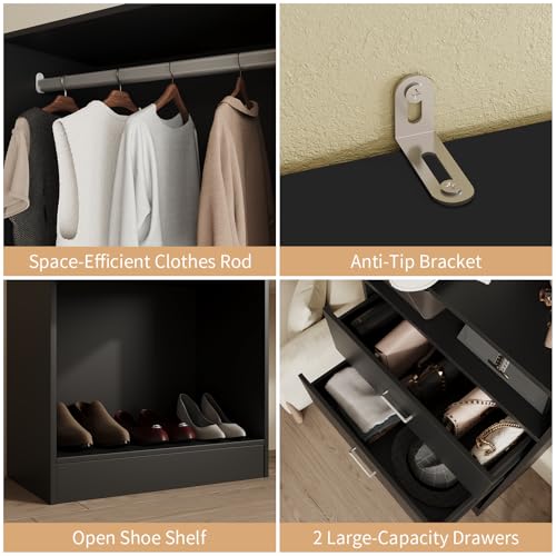 VOWNER 50'' Freestanding Closet System with Drawers & Adjustable Shelves & Rod, Wood Walk in Closet Organizer System, Shelving Unit, Garment Rack, Armoire Wardrobe Closet Bedroom Entryway, Black, BC - color: Black