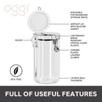 Oggi Clear Canister Airtight 72oz - Clamp Lid & Spoon - Airtight Food Storage Container, for Kitchen & Pantry Storage of Bulk, Dry Foods, Pasta, Flour, Sugar, Coffee, Rice, Tea, Spices & Herbs - size: 72 Fluid Ounces