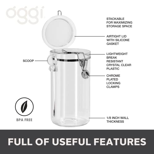Oggi Clear Canister Airtight 72oz - Clamp Lid & Spoon - Airtight Food Storage Container, for Kitchen & Pantry Storage of Bulk, Dry Foods, Pasta, Flour, Sugar, Coffee, Rice, Tea, Spices & Herbs - size: 72 Fluid Ounces