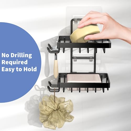 Moforoco Double Soap Bar Holder for Shower, No Drilling, 304 Stainless Steel, Wall Mounted Soap Holder with 4 Hooks and Razor Holder, Shower Rack Soap Tray Bar Soap for Bathroom Accessories Organizer - color: Black, size: 2-T