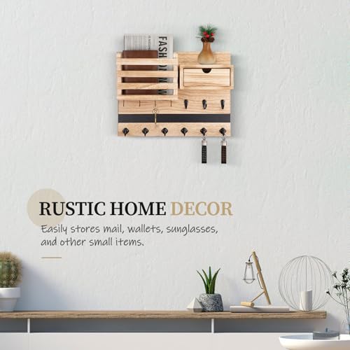 Nekon Key Holder Wall Mount, Rustic Mail and Keys Shelf for Wall Organization with 13 Hooks, Home Decor Accessory with Drawer, Wood - color: Wood