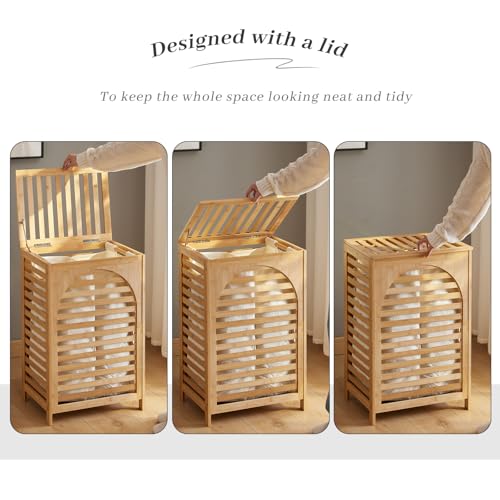 Laundry Hamper with Lid,Bamboo Large Waterproof Clothes Laundry Basket,Removable Washing Bags with Handles,clothes basket (Natural) - color: Natural