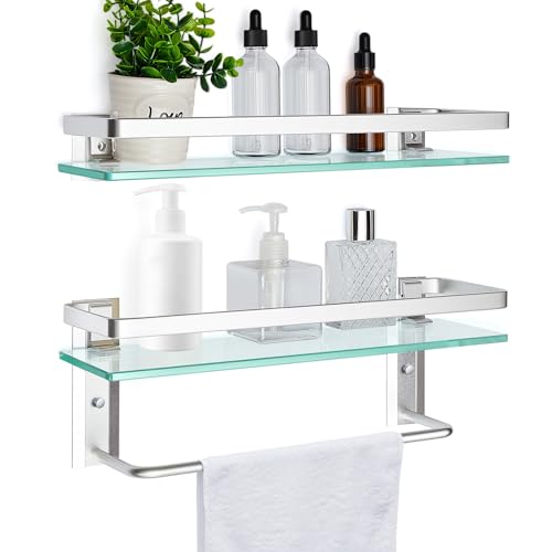 Suzile Set of 2 Glass Bathroom Shelves with Bar, Wall Mounted 15.7 x 4.7 Inches, Bathroom Shelves Hanging Modern Floating Shelf Metal Stick Room Rustproof Organizer Decorative(Silver) - color: As Shown in Picture