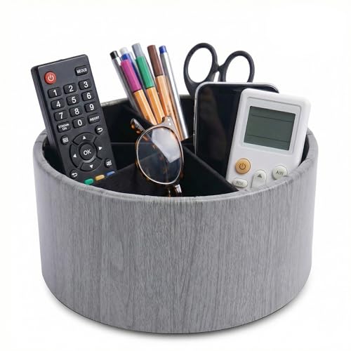 Remote Control Holder, 360°Spinning PU Leather Desk TV Remote Caddy,Desk Storage Box Room Accessories for Controller, Media,Mail,Calculator, Mobile Phone,Pencil(1-Big Thin Grey) - color: 1-Big Thin Grey