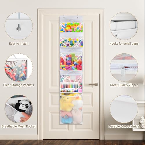Over Door Organizer and Storage, Hanging Toy Holder with 4 Clear Removable Pouches, Toddler Room Wall Stuffed Animal Bag Case, Kids Playroom Closet Organization for Building Block, Puzzle - color: White