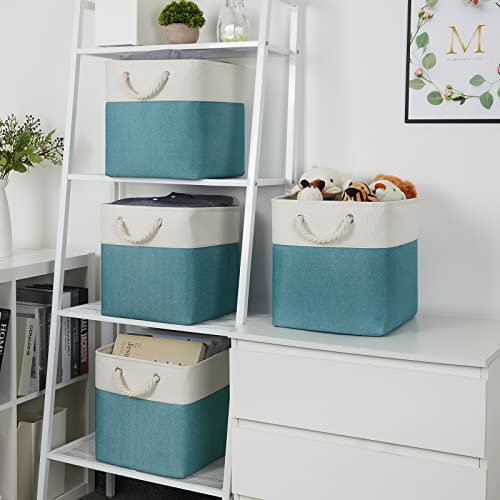 Temary Cubes Storage Baskets 12 Inch Cube Storage Bins for Shelf, Fabric Storage Cubes for Gift Empty Baskets for Home, Collapsable Box Basket for Storage (White&Teal) - color: white&teal, size: 12"L x 12"W x 12"H