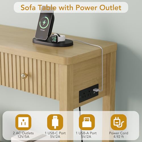 47 Inch Fluted Console Table with Outlets and USB-C Port, Mid Century Modern Sofa Table with 3 Drawers and Open Shelf, Entryway Table with Charging Station for Behind Couch, Hallway, Foyer, Oak - color: Natural Oak