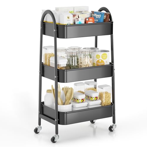 EAGMAK 3 Tier Rolling Cart, Large Metal Storage Cart with Handle and Lockable Wheels, Big Multifunctional Storage Organizer Trolley with Mesh Baskets for Kitchen, Living Room, Office, Garage (Black) - color: Black, size: Large