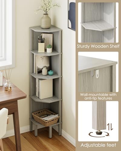 Corner Shelf, 5 Tier Corner Bookshelf, Display Corner Shelf Stand with Storage Rack, Wall Corner Bookshelf for Living Room, Bedroom, Office, Grey - color: Grey Without Light