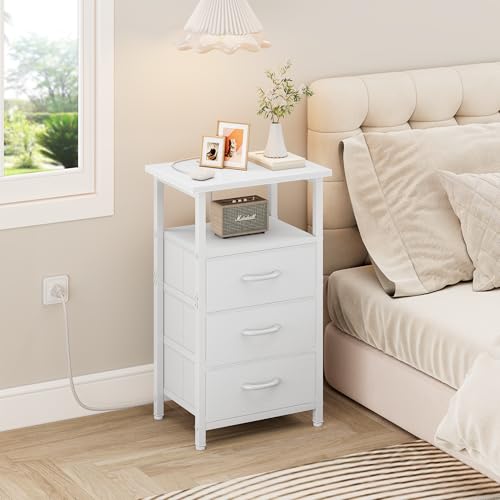 Vagusicc Nightstand with Charging Station, White Bedside Table with USB Ports and Outlet, End Table Side Table with 3 Fabric Drawers and Storage Shelf, Bed Side Table Night Stand for Bedroom, White - color: White, size: 1 Piece, style: Ordinary