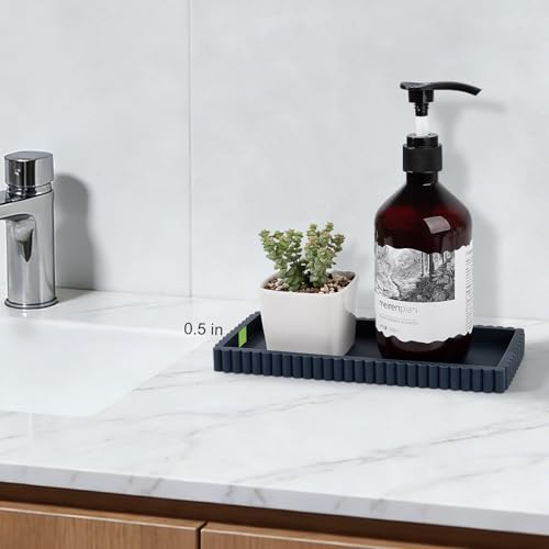 Silicone Bathroom Tray Small Vanity Organizer Rectangle Sink Caddy Sponge Holder Kitchen Counter Decor for Dish Soap, Perfume, Candle, Dark Blue - color: Dark Blue
