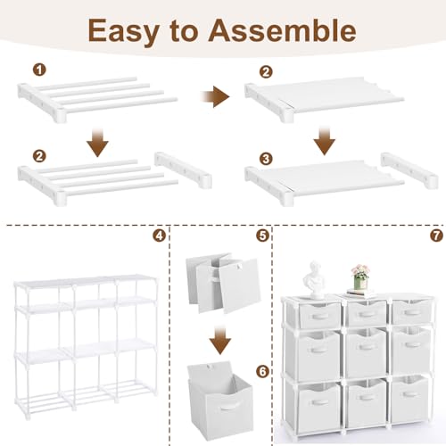 9 Cube Storage Organizer Shelf with Storage Bins and Label, 11 Inch Toy Cube Bins Clothes Closet Organizers Drawers Fabric Dresser for Living Room, Bedroom, Playroom, Dorm(White) - color: White