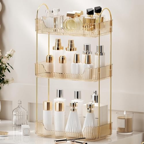 YCIA&DONE Bathroom Organizer Countertop, Makeup Storage, Skincare Cosmetic Tray Shelf, Perfume Holder Rack for Vanity Counter, Large Capacity, Easy to Install, Clean, 3 Tiers, Amber Gold - color: Amber Gold, size: 3-Tier
