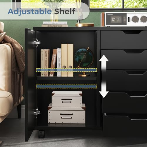 DUMOS 5 Drawer File Cabinet Office Drawers Organizer with Wheels Rolliing, Under Desk Cabinets with Shelves and Door Printer Stand with Wood Board Metal Frame for Home Office Storage Craft Room, Black - color: Black