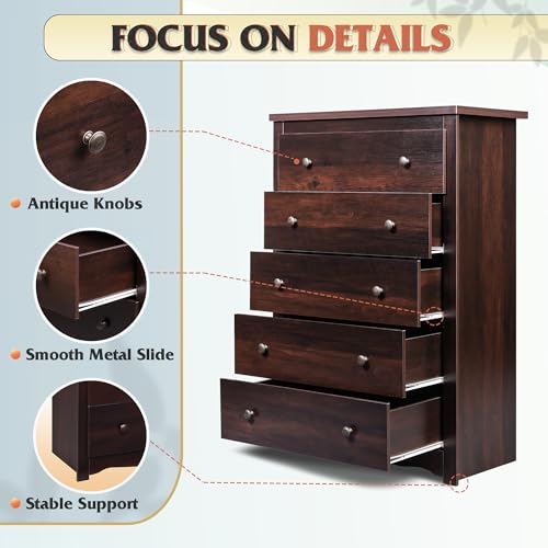 WLIVE Wood Dresser with 5 Drawers, 45" Tall Dresser for Bedroom, Chest of Drawers, Storage Cabinet and Organizer Drawers for Living Room, Hallway, Closet, Rustic Brown - color: Brown, size: 5 Drawers