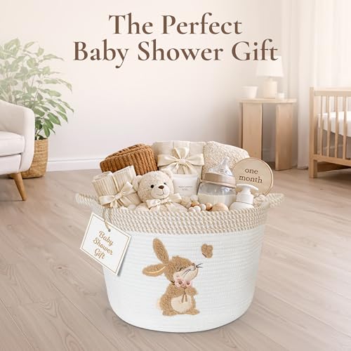 Bunny Storage Basket for Nursery – Large 15"x11" Cotton Rope Bin with Soft Embroidered Bunny Patch – Toy Organizer, Baby Laundry Hamper, Blanket & Diaper Holder – Foldable, Washable & Baby-Safe - color: Bunny