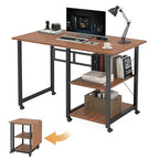Funecy Folding Desk with Storage Shelf, Writing Office Computer Desk, 42.5 Inch Multi-Purpose Folding Dining Table, Mobile Table with Wheels (Brown)