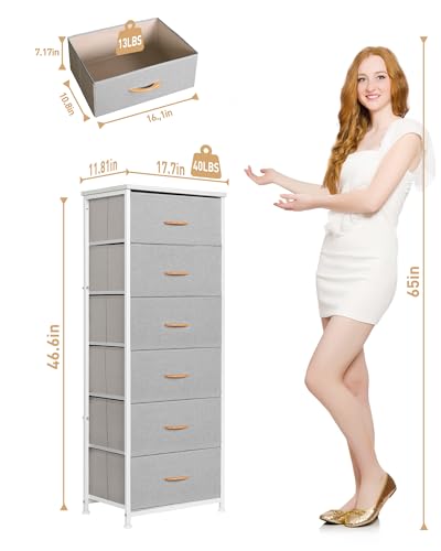 Mifuro Tall Dresser for Bedroom with 6 Drawers, Vertical Storage Organizer Tower, Chest of Drawers with Fabric Bins, Steel Frame, Wood Top for Bedroom, Closet, Entryway- Light Grey - color: Light Grey, size: 6 Medium Drawers