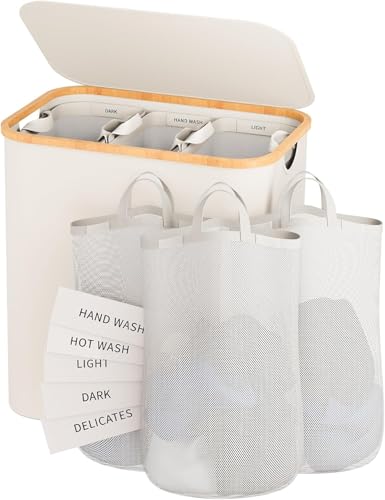 Laundry Hamper with Lid, 160L Dirty Clothes Hamper for Laundry Basket 3 Section, Extra Large Laundry Sorter Hamper 3 Compartment with Removable Inner Bags & Labels, Beige - color: Beige, size: 160L