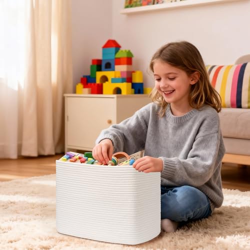 3 Pack Cube Storage Bin, 17”x12”x12” Cotton Rope Woven Baskets for Organizing Toys Clothes Towels, Square Gift Storage Baskets for Shelves, Nursery, Closet, Bathroom, Pantry (White) - color: White, size: 17" x 12" x 12"