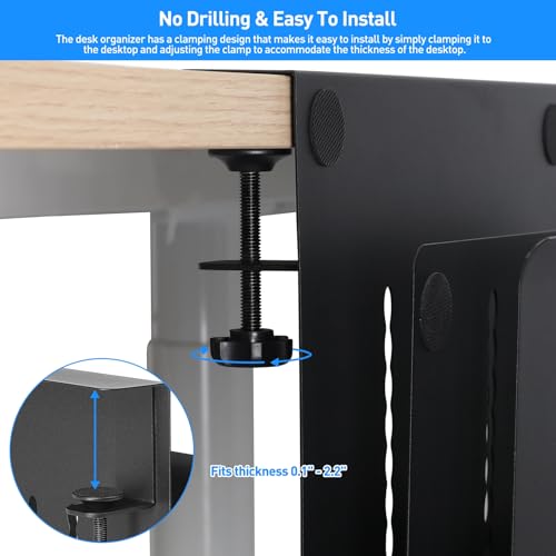 MAXECHO Desk Side Storage, Under Desk Laptop Mount, Table Side Hanging File Organizer, No Drill Clamp On Cable Management Tray, Laptop Holder with Magnetic Pen Holder for Office and Home, Load 22 Lbs - color: Black, size: Double-deck with Pen Holder