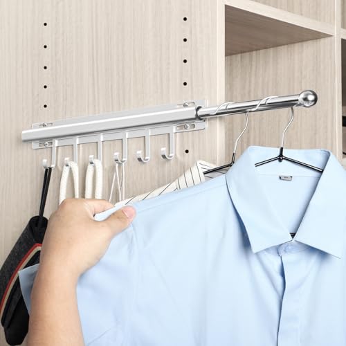 BaiNong 16.5 inch Valet Rod for Closets Pull Out Closet Valet Rod Slide Out Extra Long Silvery Valet Rods for Closets With 6 Hooks - color: Silver, size: 16.5 Inch