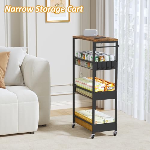 Vincona Slim Rolling Utility Cart, 4 Tier Metal Narrow Storage Cart with Handle and Wood Top, Multifunctional Small Mobile Shelf Unit Organizer Trolley for Laundry, Bathroom, Kitchen - color: Black, size: 9.1" wide