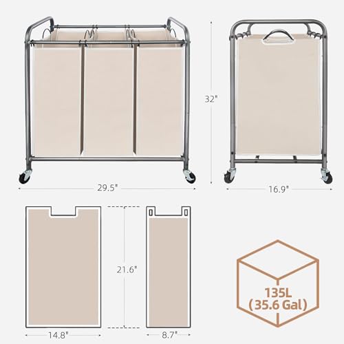 STORAGE MANIAC 3 Section Laundry Sorter, 35.9 Gal (136 L) Laundry Hamper Cart with Heavy Duty Rolling Lockable Wheels and Removable Bags, Clothes Organizer Basket Clothes Separator Hamper, Beige - color: Beige, size: 3 Section