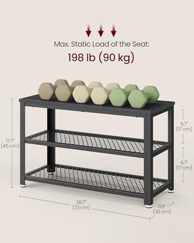VASAGLE 3-Tier Shoe Rack, Shelf Storage Bench with Metal Mesh Shelves and Seat, Free Standing Shoe Organizer for Entryway, 11.8 x 28.7 x 17.7 Inches, Ebony Black and Black ULBS073B06 - color: Ebony Black + Black, size: 28.7"W x 17.7"H, style: Bench