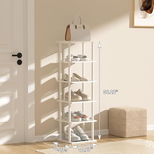 SHIISEWE White Bamboo Shoe Rack for Small Spaces 6 Tier Tall Vertical Narrow Rack - color: White
