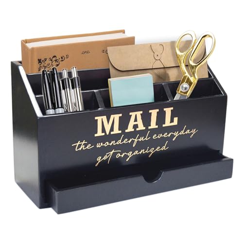 EXQUIDECA Wooden Black Rustic Countertop Mail Storage Holder with Drawer and Compartments - Office Desk Accessories and Workspace Organizers - Desktop Sorter for Pen Stationery Letter Files Documents - color: Black storage box