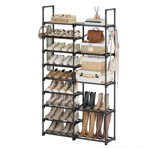 WOWLIVE 9 Tiers Shoe Rack Shoe Storage Shoe Organizer 30-35 Pairs Shoe Tower Unit Shelf Durable Metal Pipes with Plastic Connectors Stackable Cabinet Black(SSS2B9) - color: Black, size: 2 Row 9 Tier