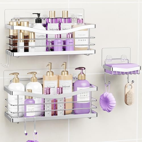 ODesign Shower Caddy 3 Pack-Shower Organizer Shelves Rack Rustproof SUS304 Stainless Steel for Bathroom Storage&Kitchen-No Drilling Adhesive Shower Caddy Shelf Dorm Room Essentials-Silver - color: Silver