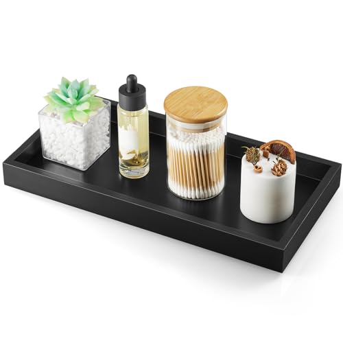 ALELION 13" Bathroom Vanity Tray for Counter - Black Wood Tray for Toilet Tank Makeup Perfume Jewelry Catchall Coffee Table - Wooden Kitchen Countertop Organizer for Soap Dispenser - color: Black, size: 6.5" x 1.2" x 13"