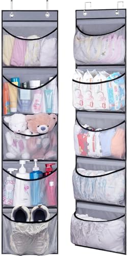 KEETDY Hanging Shelves Over the Door Organizer Storage for Closet with 5 Pockets Organizer for Bedroom Bathroom, 2 Pack（Grey） - color: Grey