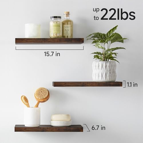 BAYKA Bathroom Floating Shelves for Wall Set of 3 - Rustic Brown Farmhouse Wood Shelves Over Toilet for Bedroom, Kitchen, or Living Room Decor Display, Storage for Plants, Toilet Paper or Bath Towels - color: B. Rustic Brown - Americana Farmhouse Style, s