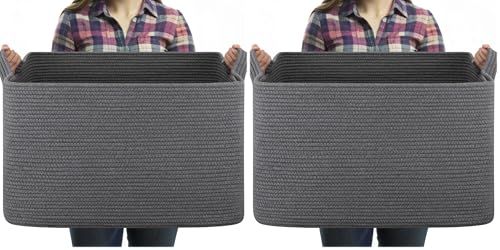 OIASKET 95L Large Blanket Basket, Blanket Storage Living Room, Rectangle Woven Baskets for Storage Toys, Towels, Dirty Clothes Organizer Bins (Dark Grey) (Pack of 2) - color: Dark Grey, size: 24"x16.9"x14.2" (Pack of 2)