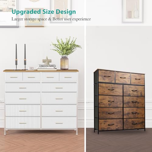 VASICAR White Dresser for Bedroom with 12 Deep Drawers, Wide Chest of Drawers, 55" TV Stand with Retro Wood Top, Tall Fabric Dresser for Closet, Nursery - color: White-retro Top