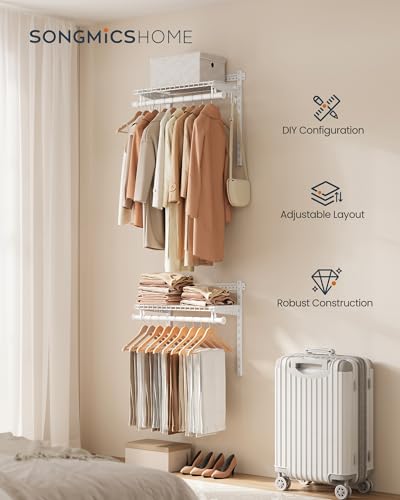 SONGMICS HOME Closet System, Closet Insert Organizer, 2 ft, Adjustable Metal Shelving Unit with 2 Hanging Rods, 2 Shelves, and Hooks, for Pantry Mudroom Garage Basement, Cloud White URGR030W01 - size: 1 Tier