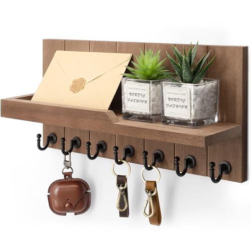 Rebee Vision Key Holder for Wall - Farmhouse Rustic Mail Organizer Floating Shelf for Home Kitchen Entryway Decor with 7 Sturdy Key Hooks (Retro Brown,15-inch) - color: Brown, size: 15-inch