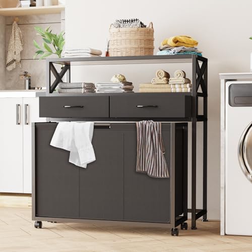 Laundry Hamper 3 Section, 150L Rolling Laundry Sorter Basket with 2 Shelves and 2 Drawers, 3 Compartment Clothes Organizer Cart with Wheels, Pull-Out Bags for Laundry Room, Bathroom, Bedroom - color: Black, size: 150L
