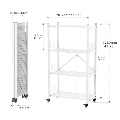 4-Tier Metal Foldable Shelf Shelving Rack Organizer on Rolling Wheels in Kitchen, Pantry, Warehouse, Patio, Basement, Dorm, Garage, RV - color: White/4-tier