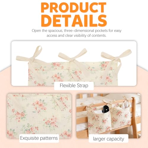 2 Pieces Floral Pattern Bedside Caddy with 2 Pockets, Bedside Hanging Storage Organizer, Dorm Rooms Bunk Bed Storage Bag for Home Phone Remote Control Key Glasses (Beige) - color: Beige