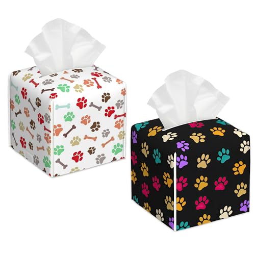 Tissue Box Cover Square, Colourful Paw Prints Tissue Box Holder Leather Facial Paper Case Modern Home Decoration for Bathroom Kitchen Bedroom Night Stands, 2 Pcs - color: Colourful Paw Prints