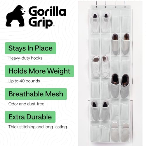 GORILLA GRIP Over the Door Shoe Organizer, 24 Large Breathable Mesh Pockets, Space Saving Hanging Storage Holder, Closet Rack Hanger Holds Up to 40 lbs, Hangs on Closets for Shoes, Accessories, White - color: White, size: 24 Pockets/4 Hooks