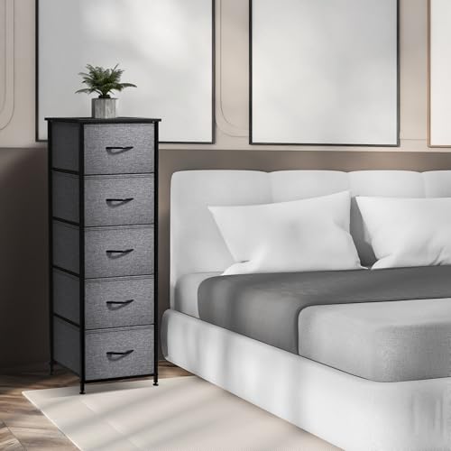 Sorbus Nightstand with 5 Drawers - Bedside Furniture & Night Stand End Table Dresser with Steel Frame, Wood Top, Easy Pull Fabric Bins for Home, Bedroom Accessories, Office & Dorm - color: Black, style: 5 Drawer
