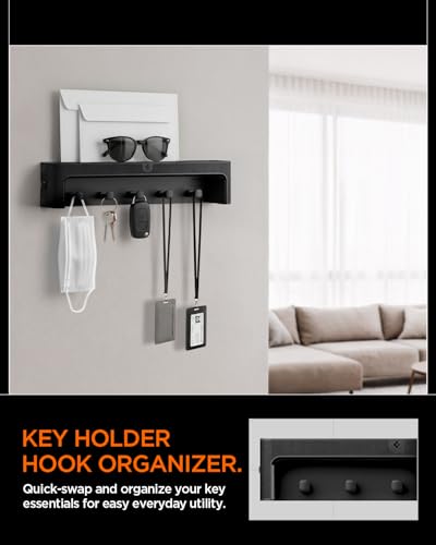 Spigen Key Holder Wall Mount with Adhesive Hooks and Organizer Tray for Wallet, Watch, Sunglasses – Entryway Shelf Rack for Door, Home, or Living Room – Black - style: Key Holder
