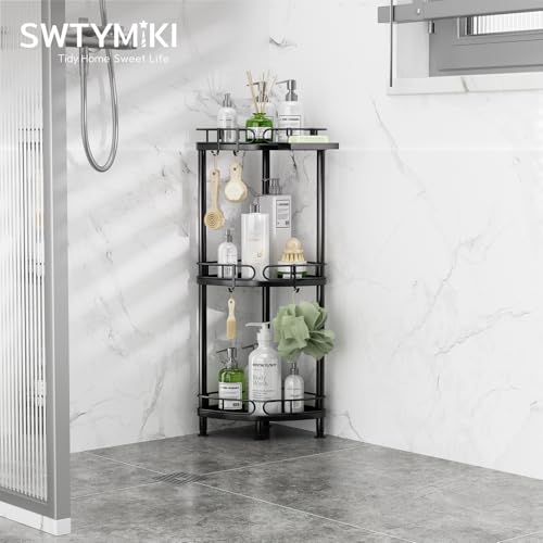 SWTYMIKI Corner Shower Caddy Standing - 3 Tier Rustproof Metal Shower Organizer Stand with Soap Holder and 4 Hooks, Freestanding Floor Shower Storage Stands for Bathroom, Black - color: Black-3 tier