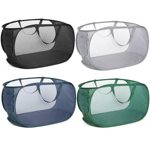 4 Pack Durable Collapsible Laundry Baskets, Mesh Foldable Laundry Basket, Pop Up Laundry Hamper with Pocket, Clothes Hamper with Reinforced Handles for Laundry, Bathroom, Kids Room, Dorm or Travel - color: Gray+Black+Navy+Green